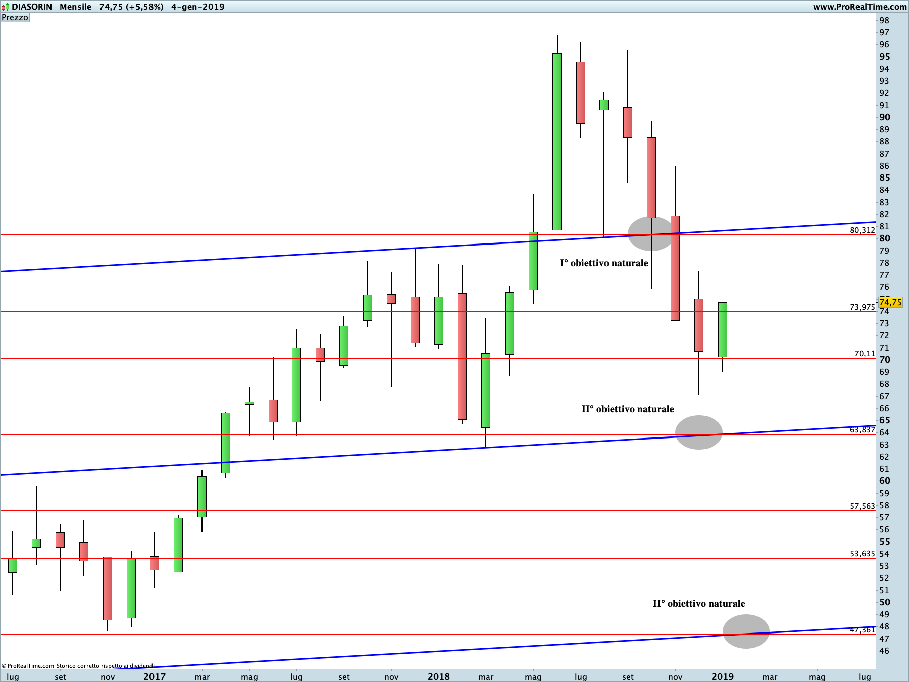 Diasorin: proiezione rialzista in corso sul time frame mensile. La linea blu rappresenta i livelli di Running Bisector; la linea rossa i livelli de La Nuova Legge della Vibrazione.