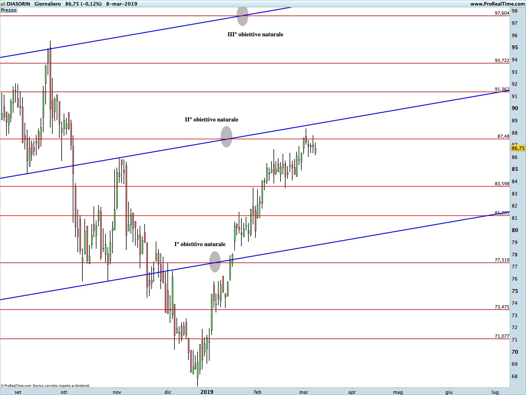 Diasorin: proiezione rialzista in corso sul time frame giornaliero. La linea blu rappresenta i livelli di Running Bisector; la linea rossa i livelli de La Nuova Legge della Vibrazione.