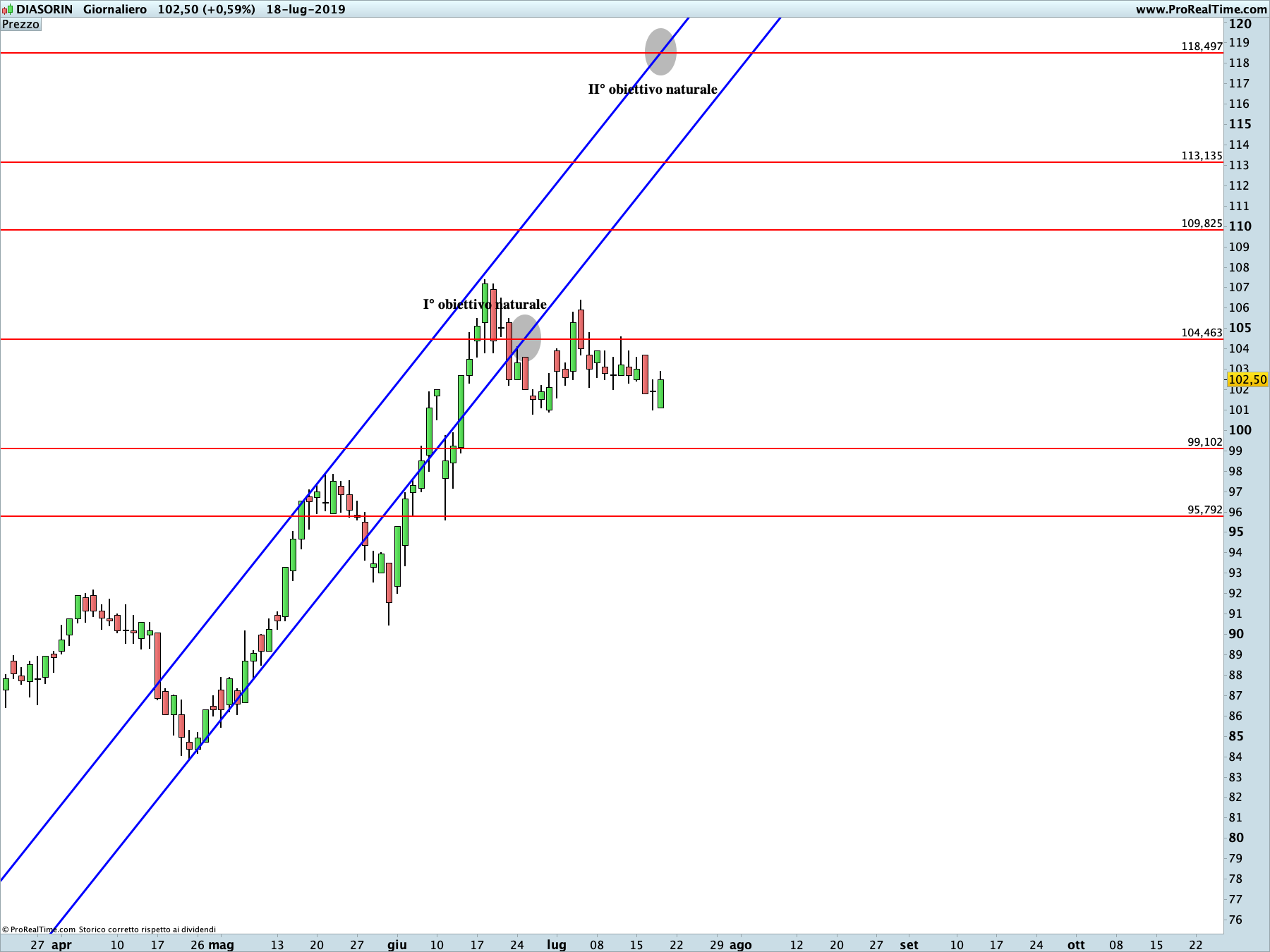 Diasorin: proiezione rialzista in corso sul time frame giornaliero. La linea blu rappresenta i livelli di Running Bisector; la linea rossa i livelli de La Nuova Legge della Vibrazione.