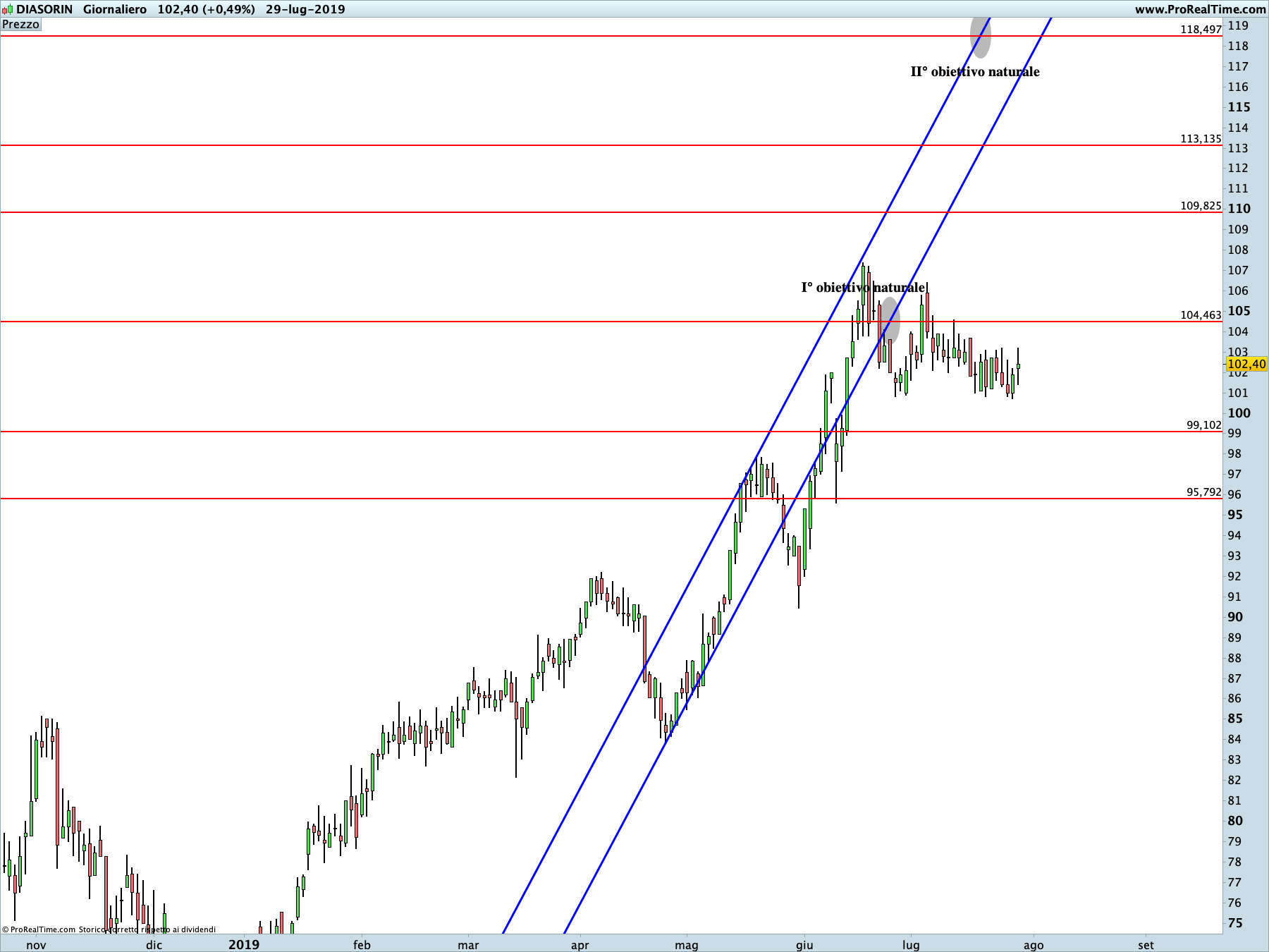 Diasorin: proiezione rialzista in corso sul time frame giornaliero. La linea blu rappresenta i livelli di Running Bisector; la linea rossa i livelli de La Nuova Legge della Vibrazione.