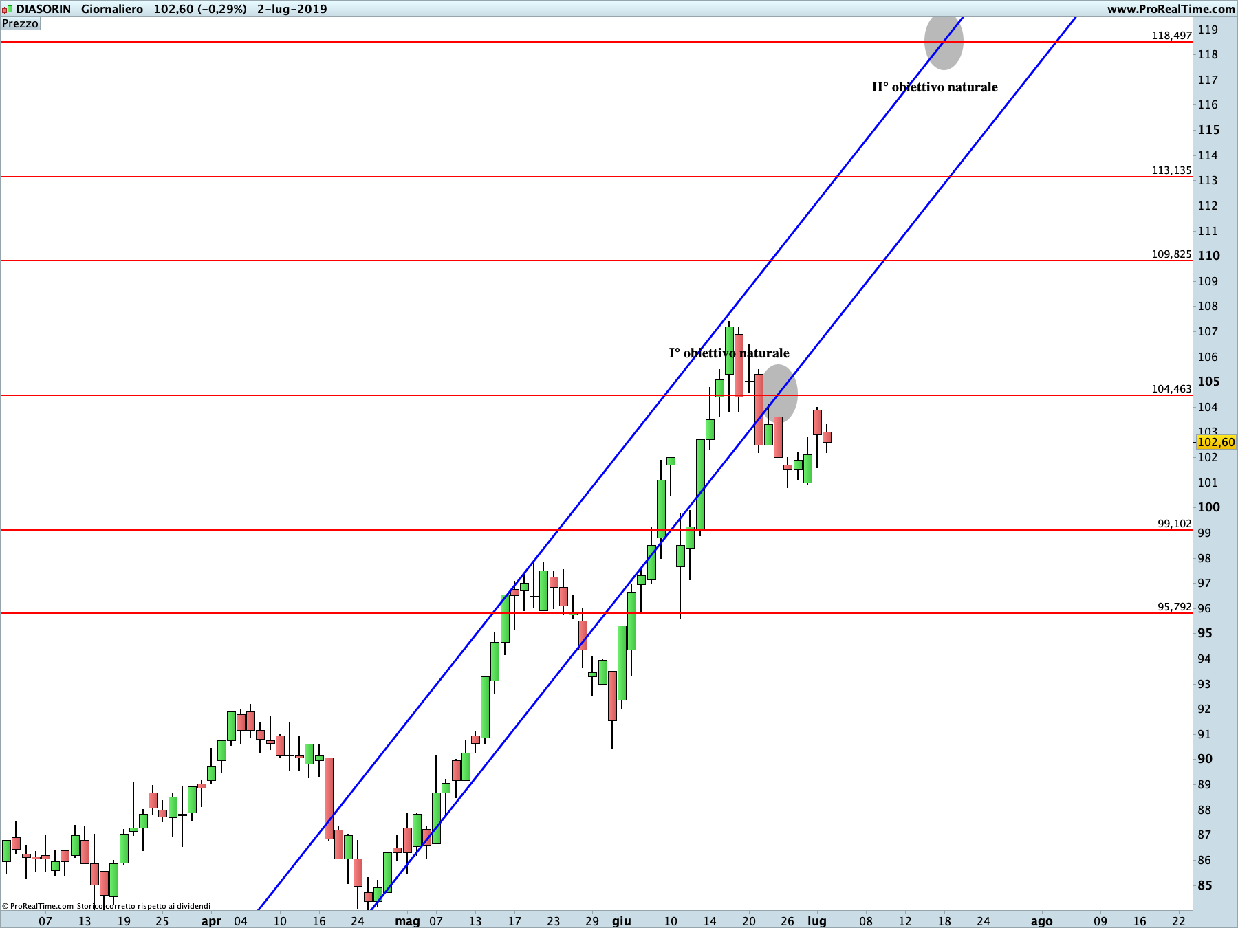 Diasorin: proiezione rialzista in corso sul time frame giornaliero. La linea blu rappresenta i livelli di Running Bisector; la linea rossa i livelli de La Nuova Legge della Vibrazione.